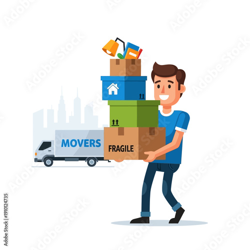 Man carrying moving boxes near a truck, relocation service concept