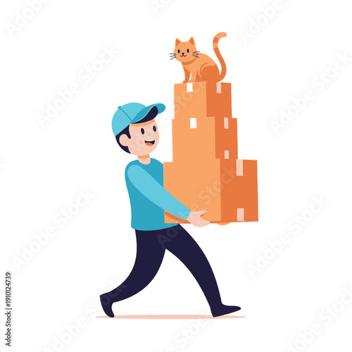 Delivery man carrying boxes with a cat on top, happy courier delivering packages