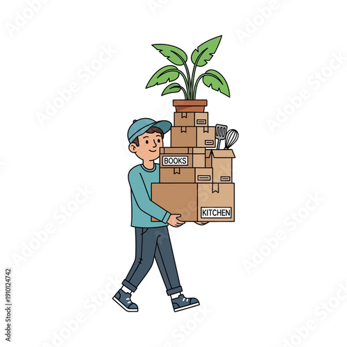 Man Carrying Moving Boxes with Plant and Kitchenware, Relocation Concept