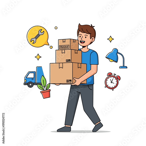 Man Carrying Moving Boxes Near Truck, Lamp, and Alarm Clock