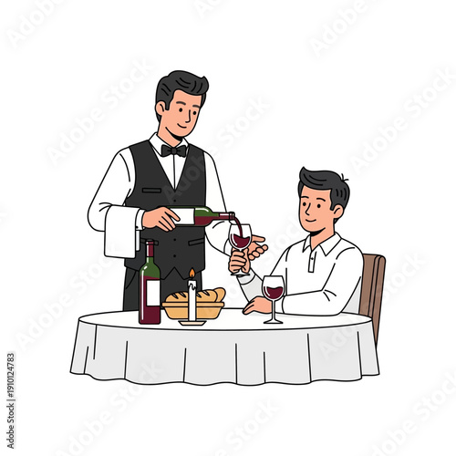 Waiter pouring red wine for customer at restaurant table with candle and bread