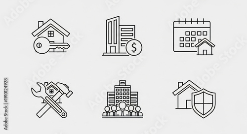 Real Estate Icons Set With House Key Building Calendar Tools And Shield.