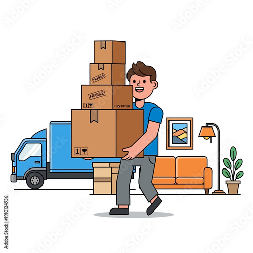 Man carrying moving boxes near truck and furniture, relocation concept