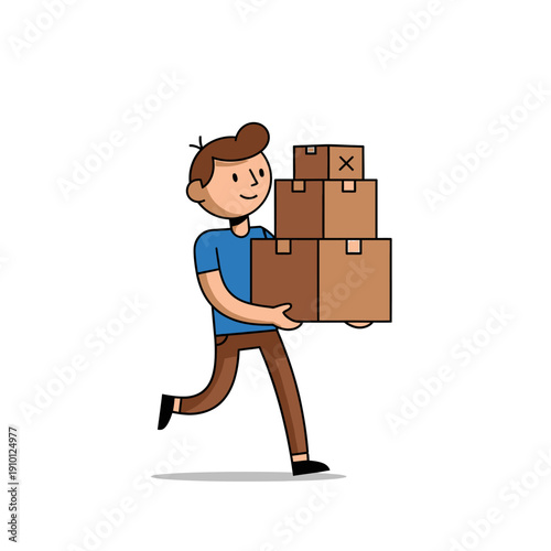 Delivery Man Running with Stack of Cardboard Boxes