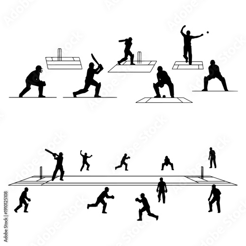 Cricket Players and Pitch Silhouette Pack - Vector Batsman, Bowler and Fielder Action Poses with Pitch Layout