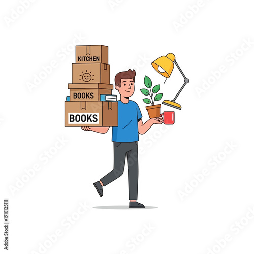 Man carrying moving boxes, plant, and lamp, symbolizing relocation and new beginnings