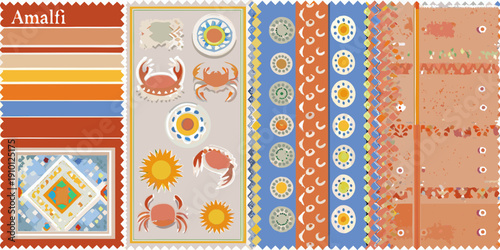 A collection of colorful illustrated postage stamps with marine motifs