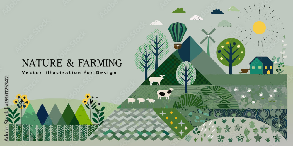 Fotografie Stylized landscape illustration featuring mountains trees and rural elements