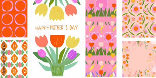 Colorful tulip patterns and a happy mother s day greeting card collage