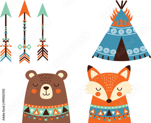 Cute tribal woodland vector set with bear and fox characters, decorative arrows, and teepee elements in boho style for kids and nursery designs