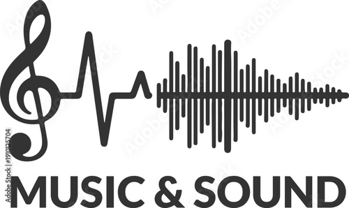 Clef musical note with heartbeat pulse line and "Music & Sound" typography