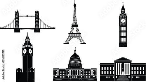 World famous landmarks silhouettes set, Eiffel Tower Big Ben Tower Bridge Capitol White House illustration isolated on white background vector