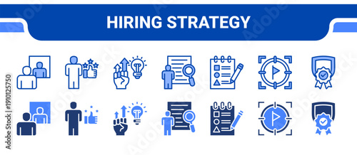 Hiring Strategy Icon Collection,  featuring Hiring, Recruiment, Qualification, CV, Resume, Interview, Job target.