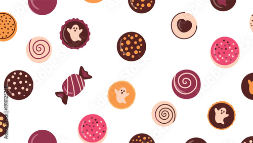Delicious chocolate pattern showcasing a variety of round truffles with different toppings and a wrapped candy on a white background.