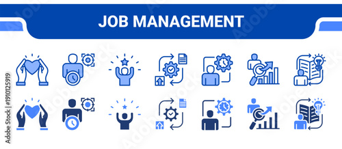 Job Management Icon Collection,  featuring Job position, Responsibility, Deadline, Contract, Overtime, Full time job, Company.