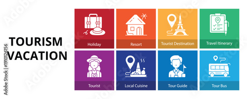 Tourism Vacation Glyph Solid Banner Web Icon Set Vector Illustration