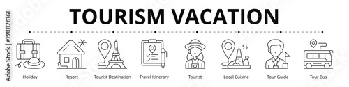 Tourism Vacation Line Banner Web Icon Set Vector Illustration