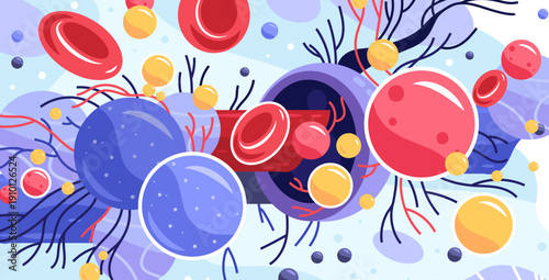 Virus bacteria parasite pathogen infection disease anatomy medical diagram showing colorful blood cells microbes and immune response in abstract style