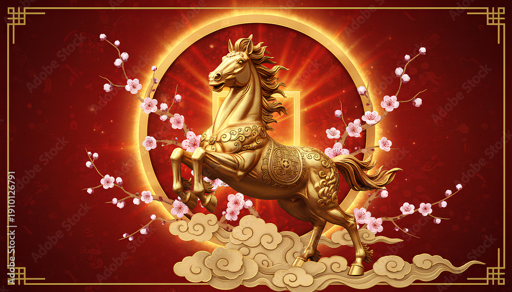 Fototapeta premium Golden Horse Statue Running with Chinese New Year Decoration Background