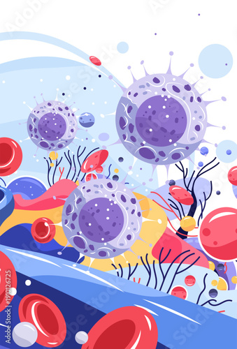 Virus bacteria pathogen infection disease anatomy cells blood microscopic medical background abstract blue red purple organic shapes