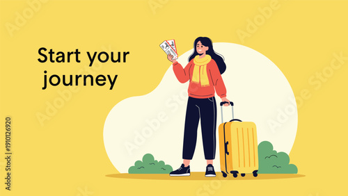 Travel concept illustration featuring a young woman standing with a yellow suitcase and plane tickets on a bright yellow and white background.