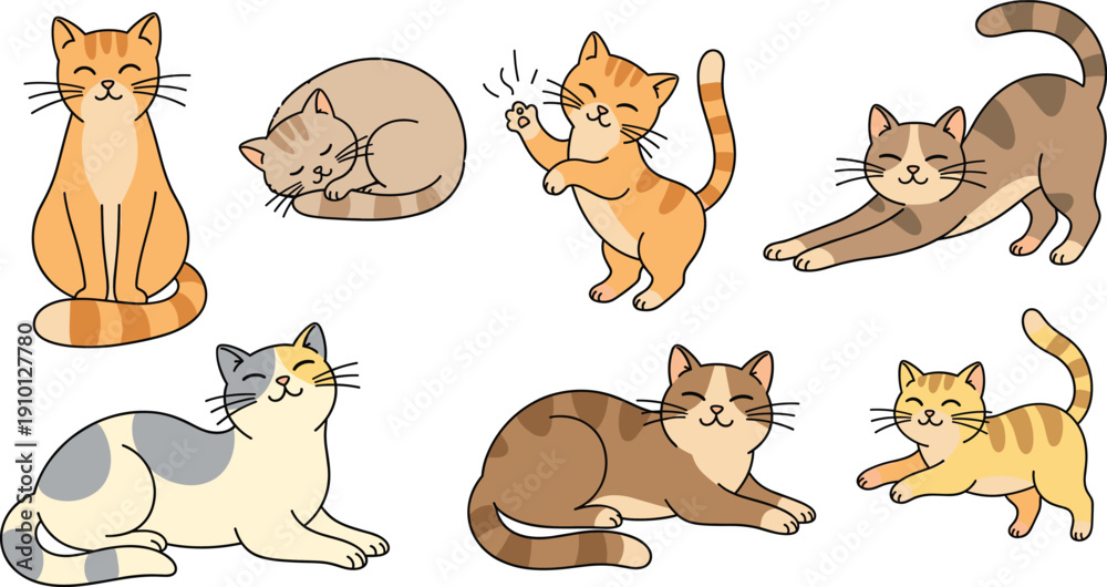 Fototapeta premium Cute Cartoon Cats Playing and Resting Vector Set with Domestic Feline Characters in Different Poses Isolated on White Background.