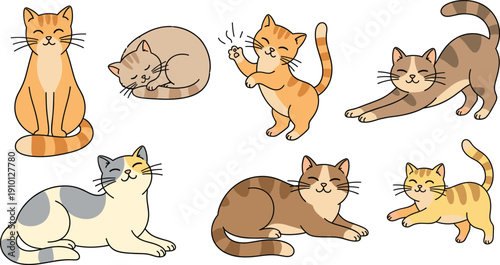 Cute Cartoon Cats Playing and Resting Vector Set with Domestic Feline Characters in Different Poses Isolated on White Background.