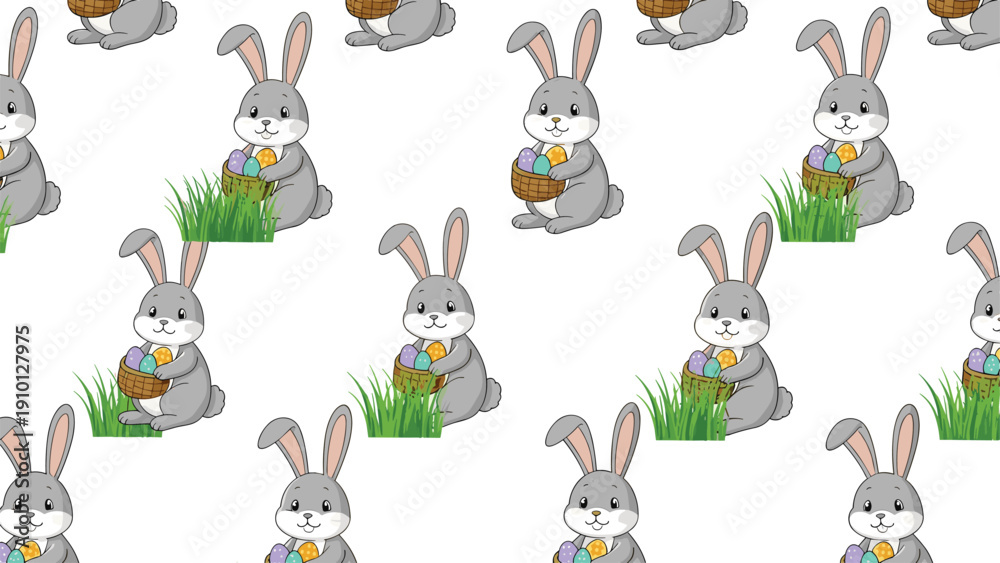 Obraz premium Easter holiday seamless pattern showing cute gray bunnies holding baskets filled with colorful decorated eggs in the green grass on white background.