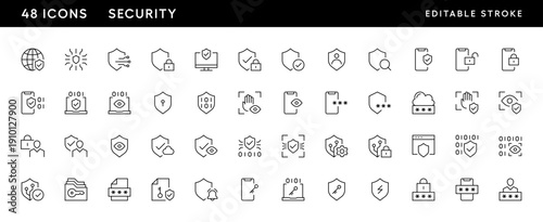 Icons. Security icon collection. Cyber security icon set. Shield, password safety, user access, access control, secured network and more. Editable stroke. Pixel Perfect. Grid base 32 x 32.