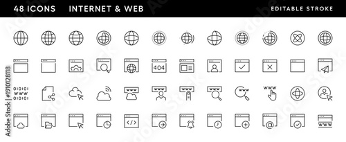 Internet and web icon collection. Network icon set. Globe, website, connection, browser, internet access, networking and more. Editable stroke. Pixel Perfect. Grid base 32 x 32.