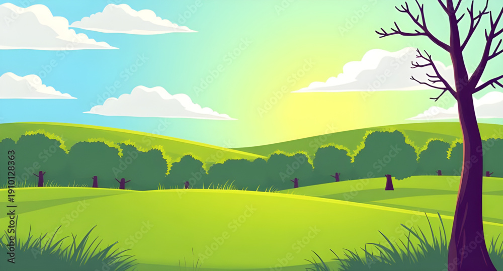 Obraz premium landscape, nature, grass, greenfield, meadow, field, pasture, plain, countryside, rural, outdoor, scenery, horizon, farmland, sky, blue, clouds, cloudscape, daylight, sunlight, sunny, bright, fresh, c