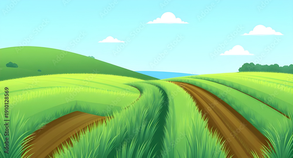 Obraz premium landscape, nature, field, grass, green, meadow, pasture, plain, countryside, rural, outdoor, scenery, horizon, farmland, sky, blue, clouds, cloudscape, daylight, sunlight, sunny, bright, fresh, calm, 