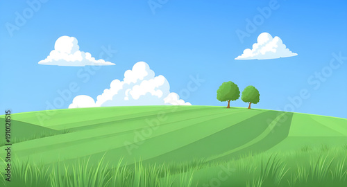 nature, landscape, field, grass, green, meadow, pasture, plain, countryside, rural, outdoor, scenery, horizon, farmland, sky, blue, clouds, cloudscape, daylight, sunlight, sunny, bright, fresh, calm, 