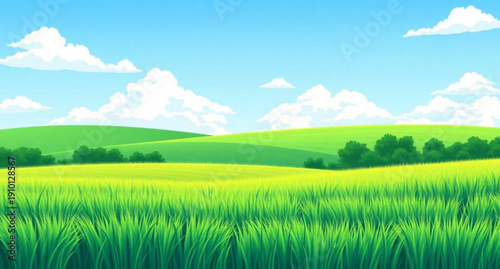 landscape, nature, field, grass, green, meadow, pasture, plain, countryside, rural, outdoor, scenery, horizon, farmland, sky, blue, clouds, cloudscape, daylight, sunlight, sunny, bright, fresh, calm, 