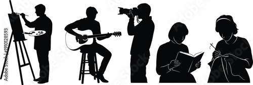 Silhouettes of Creative People Painting, Playing Guitar, Taking Photos and Reading, and Writing on White Background