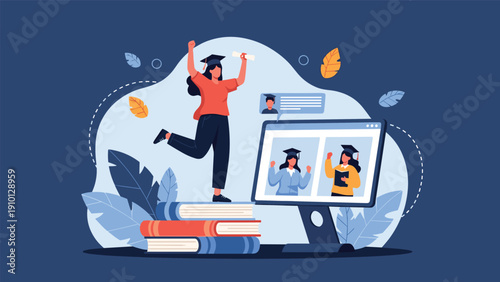 Concept of an online graduation ceremony with students in caps and gowns on a computer screen and a graduate celebrating over a stack of books.