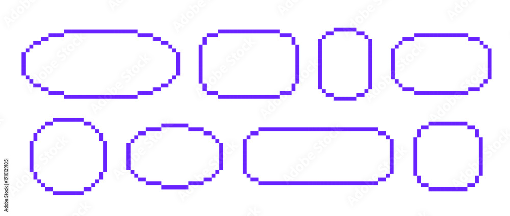 Obraz premium Bright purple pixel text boxes. Empty pixelated frame collection. Retro 8 bit border shape pack for speech chat bubble, message cloud, communication dialog, talk balloon. Vector illustration bundle
