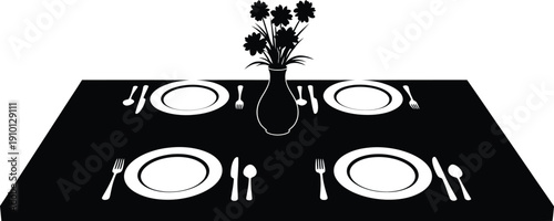 Black Table Set with White Plates and Flowers