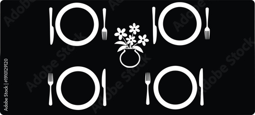 Formal Table Setting with White Dinnerware and Flowers on Black Background