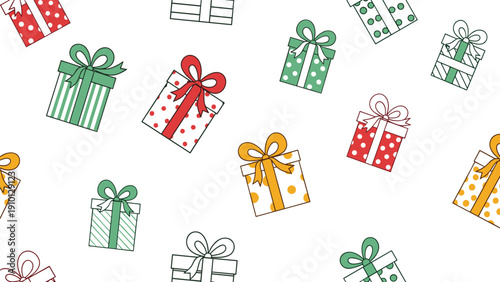Colorful seamless pattern of various wrapped gift boxes with ribbons and bows in shades of green, red, and yellow on a plain white background.