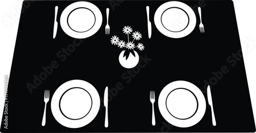 Black Tablecloth with White Dinnerware and Flowers
