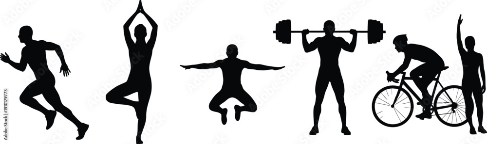 Fototapeta premium Black Silhouettes of People Exercising and Playing Sports