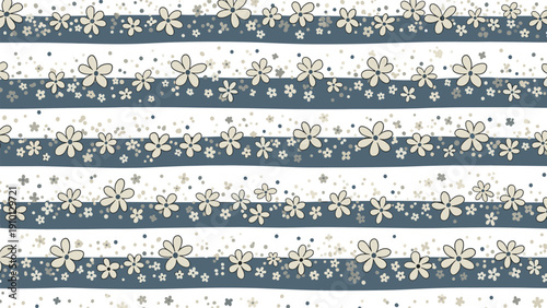 Delicate seamless pattern of small white and cream flowers over horizontal dusty blue stripes with scattered dots on a white background.