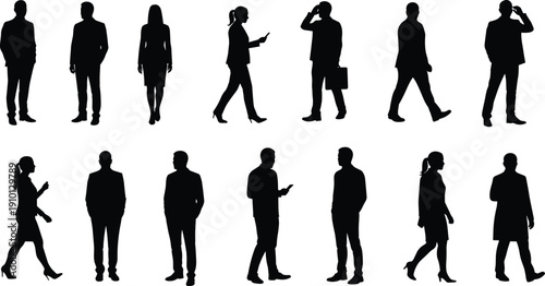 Business people silhouettes walking, standing, talking on phone, holding briefcases, professional men and women, corporate life, office attire, teamwork, business communication.