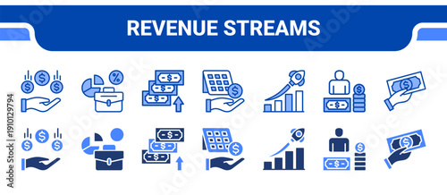 Revenue Streams Icon Collection,  featuring Income, Devidend, Yield, Payday, Boost, Earning, Cash.