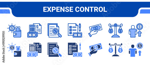 Expense Control Icon Collection,  featuring Expense, Budgeting, Evaluating, Financial Plan, Cash, Balance, Management.
