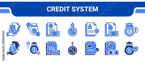 Credit System Icon Collection,  featuring Loan, Loan, Loan, Interest, Approved, Debt, Secured.