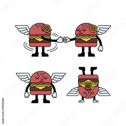 Cartoon hamburger characters with wings pulling and pushing each other in a humorous illustration