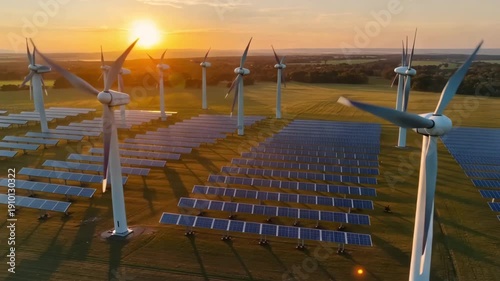 Wallpaper Mural Wind Turbines and Solar Panels at Sunrise with Glowing Clean Energy Effects for Sustainable Renewable Power Torontodigital.ca