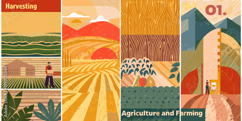 A colorful collage depicting various scenes related to harvesting and farming
